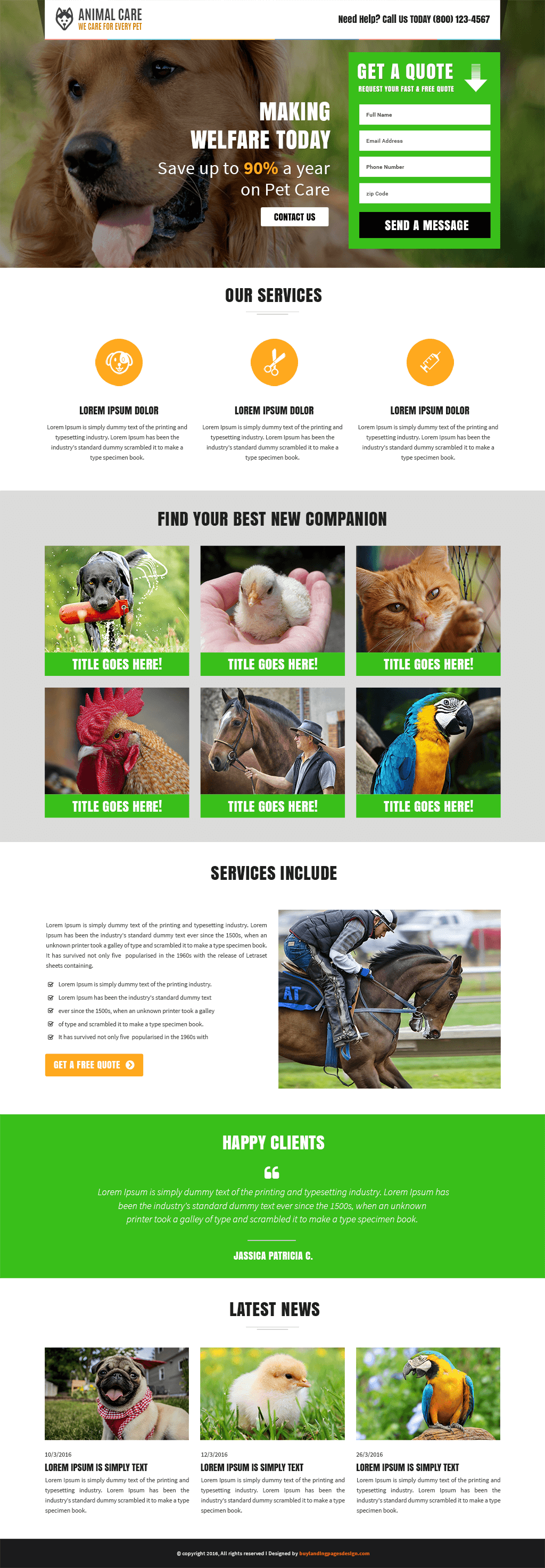 Animals and Pets care responsive landing page template